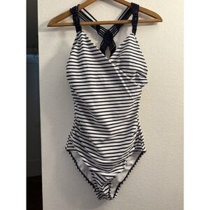 Kona Sol Swimsuit  Women‎ Medium Navy Blue White Striped String One-Piece EUC